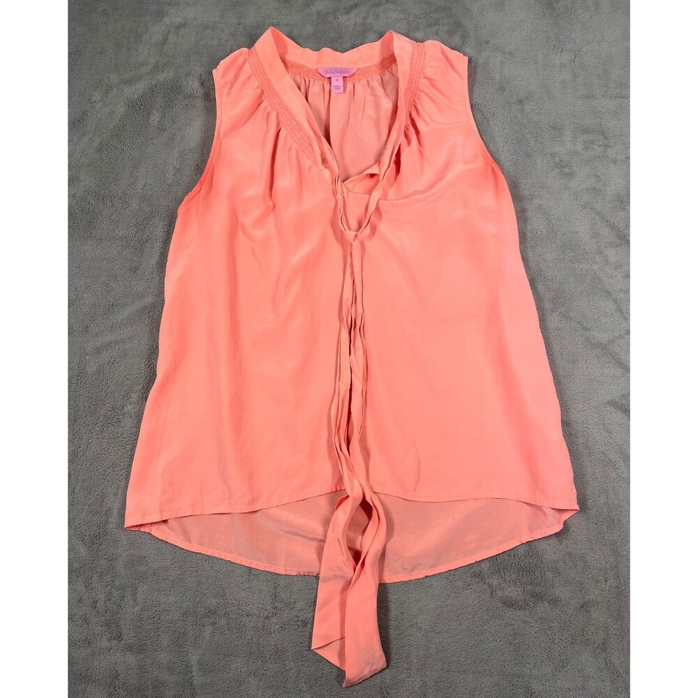Lilly Pultizer Top Shirt Blouse Womens Medium Peach Smocked Sleeveless Silk